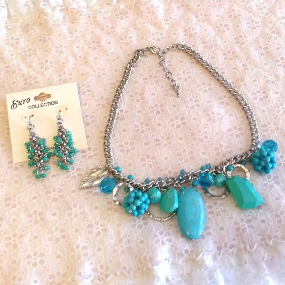 Vintage NEW Euro Collection Handmade Teal Blue Beads Silver Tone Necklace - Picture 1 of 8